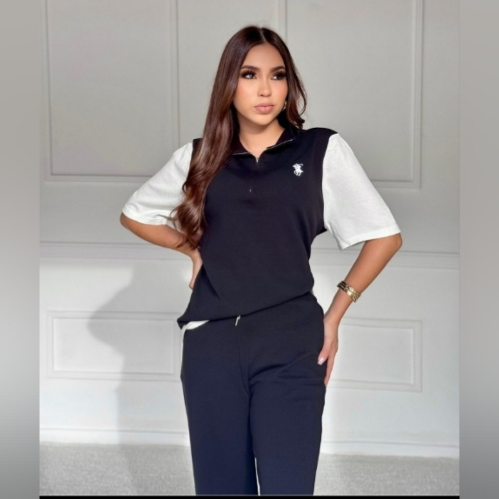 Black and White Polo Shirt with Emblem